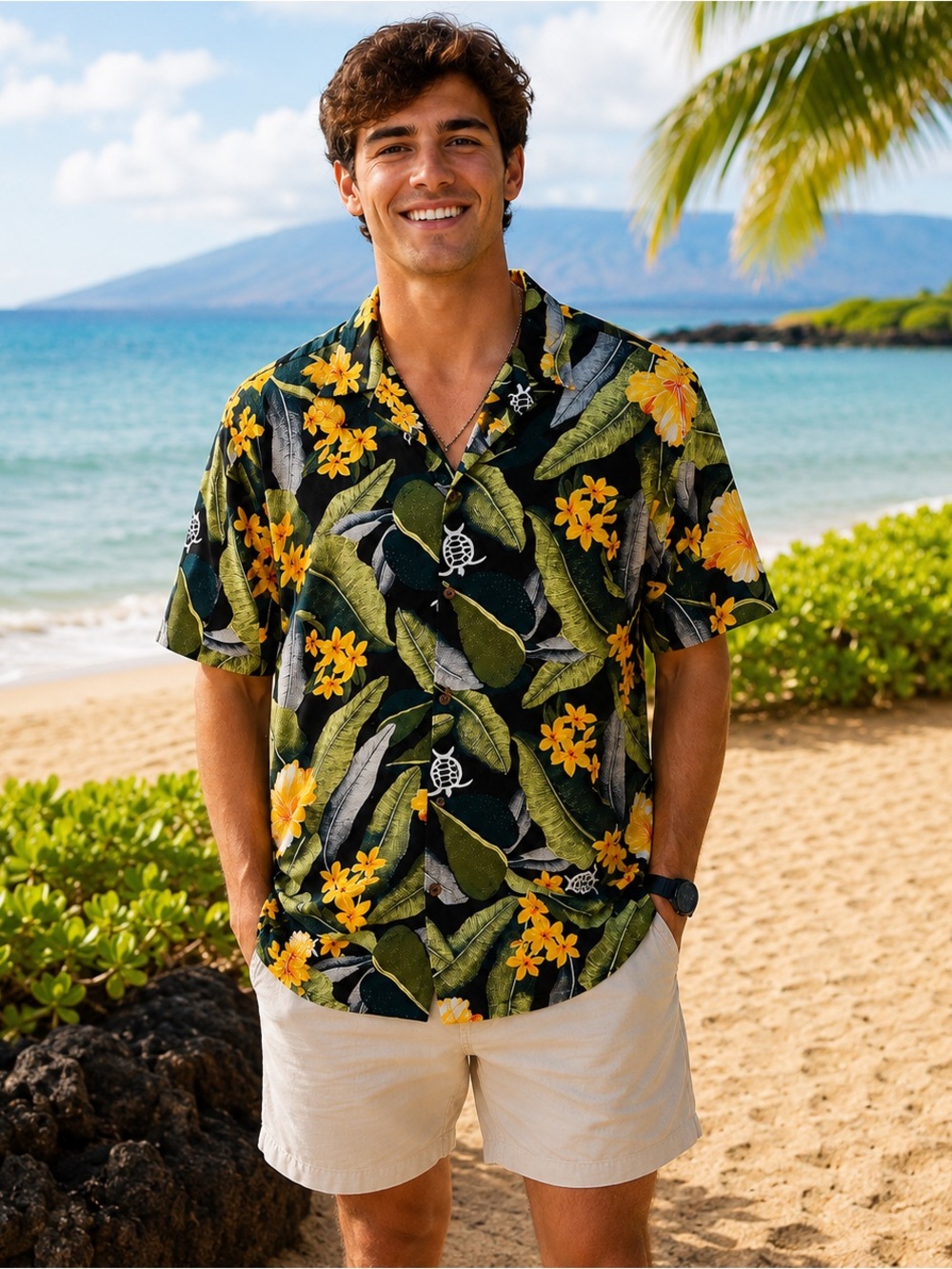 Y2K Mens Hawaiian Turtle Print Rayon Button Front Shirt Size Large Tropical EUC